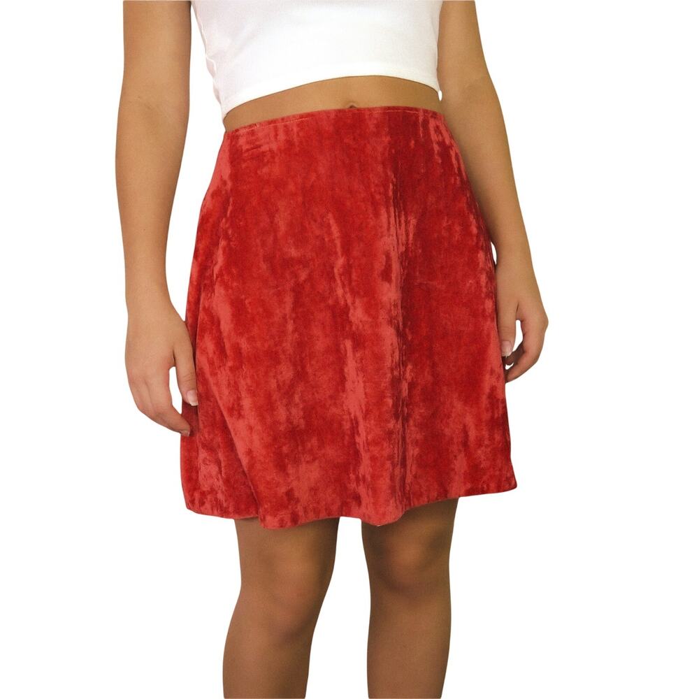 1990s Vintage Handmade Coral Crushed Velvet Mini Skirt 26"